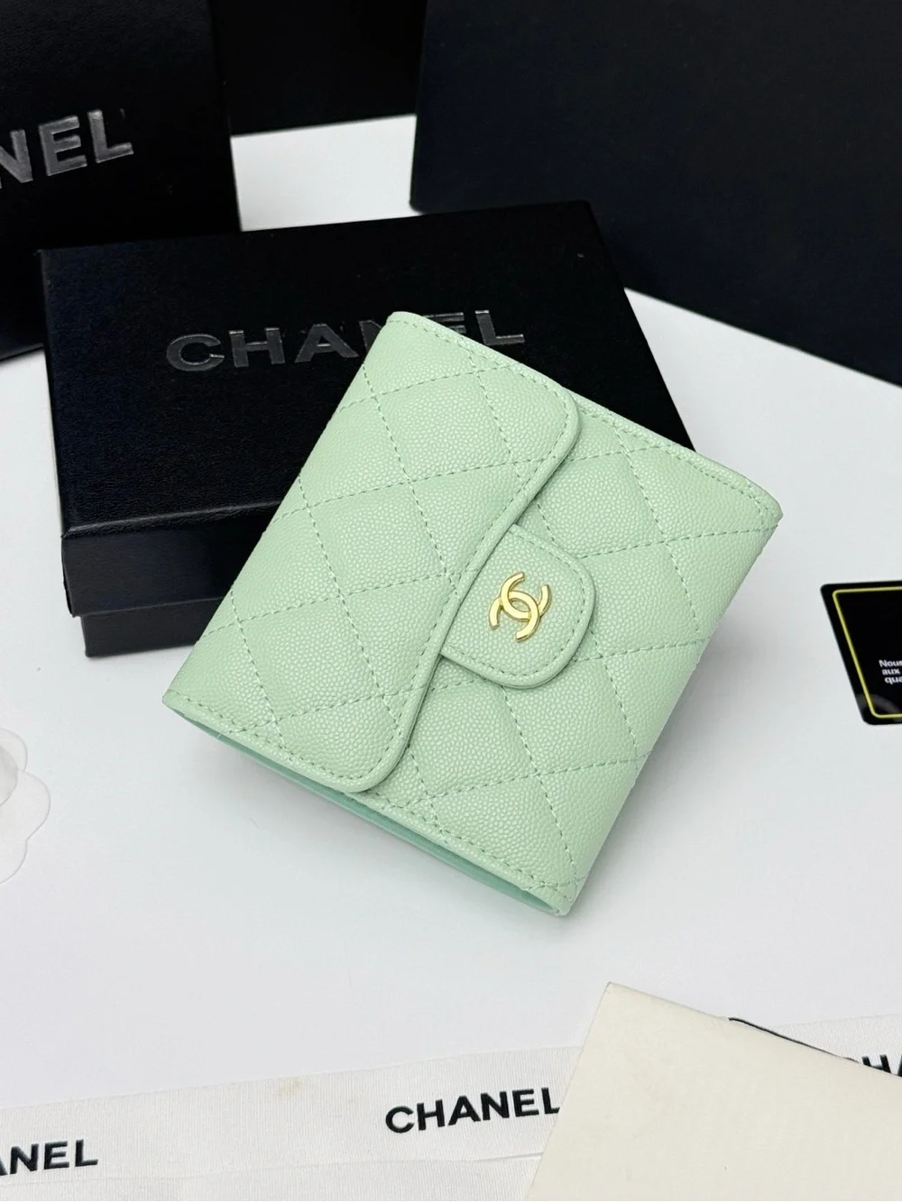CHANEL Mint Quilted Caviar Leather Wallet with Gold CC